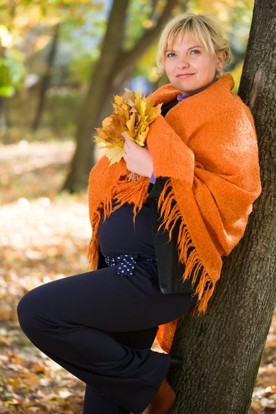 Zwangere vrouw in herfst park — Stockfoto