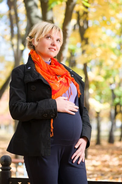 Pregnant woman in autumn park — Stock Photo, Image