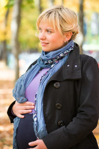 Беременная женщина в осеннем парке — стоковое фото