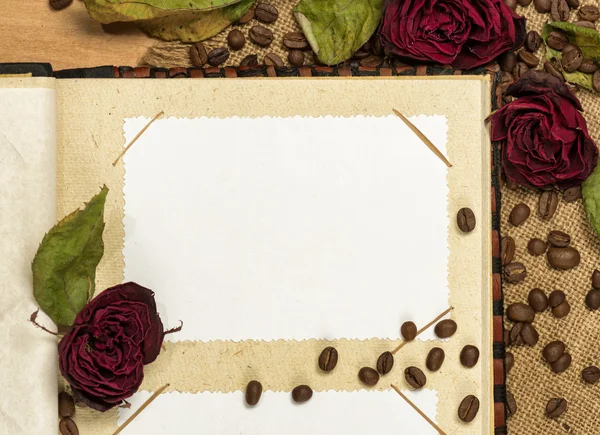 Фотоальбом и сухие красные розы на семенах кофе — стоковое фото