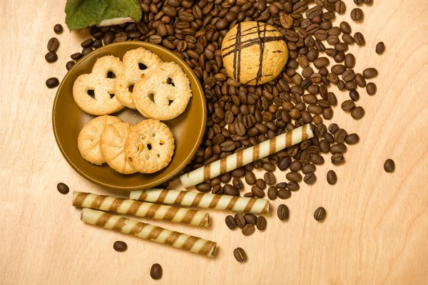 Cookies on coffee seeds — Stock Photo, Image