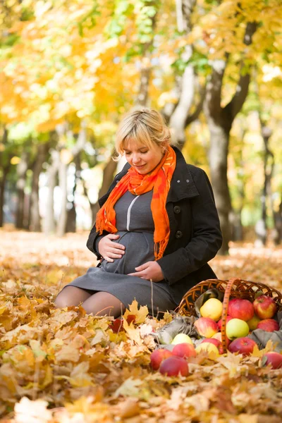 孕妇在秋天公园 — 图库照片