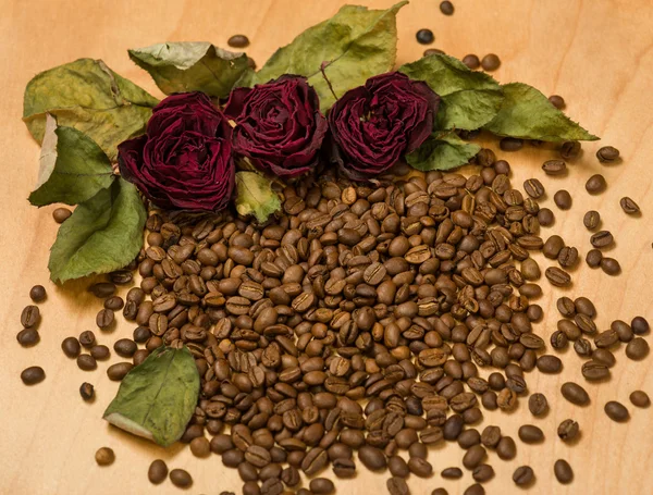 Rosas rojas secas sobre semillas de café y fondo de madera —  Fotos de Stock