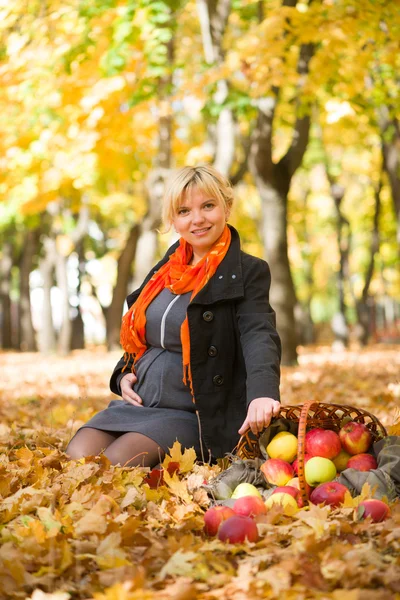 Kobieta w ciąży w parku jesień — Zdjęcie stockowe