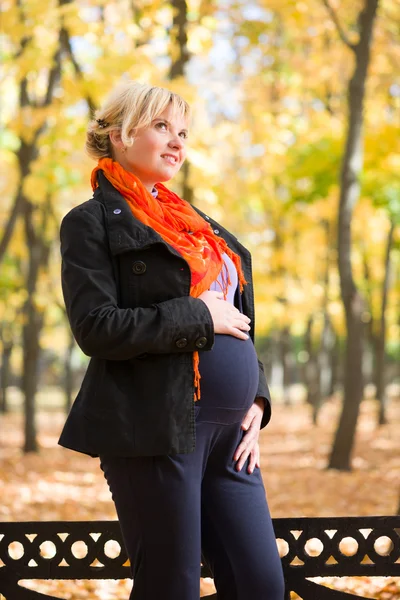 Pregnant woman in autumn park — Stock Photo, Image