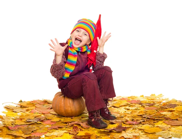 Girl with umbrella on autumn leaves on white — Stock Photo, Image