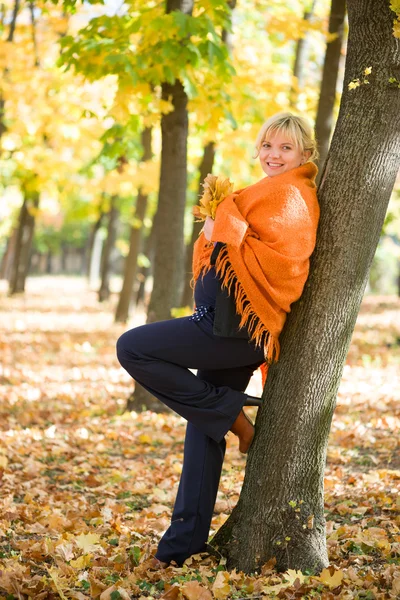 Mujer embarazada en el parque de otoño — Foto de Stock