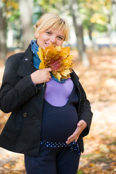 Mulher grávida no parque de outono — Fotografia de Stock