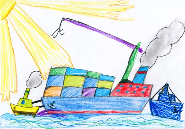 Dry cargo ship. child drawing. — Stock Photo, Image