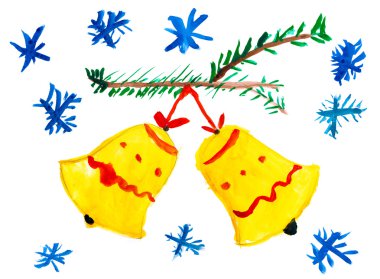 Christmas bell on tree with snowflakes. Child drawing. clipart