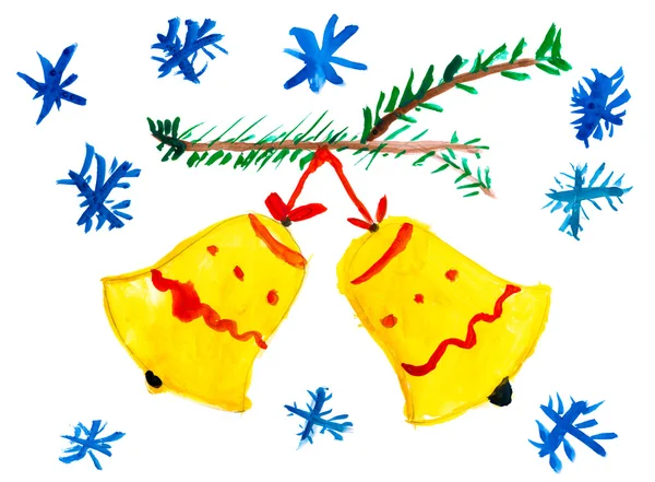 Campana di Natale su albero con fiocchi di neve. Disegno bambino . — Foto Stock