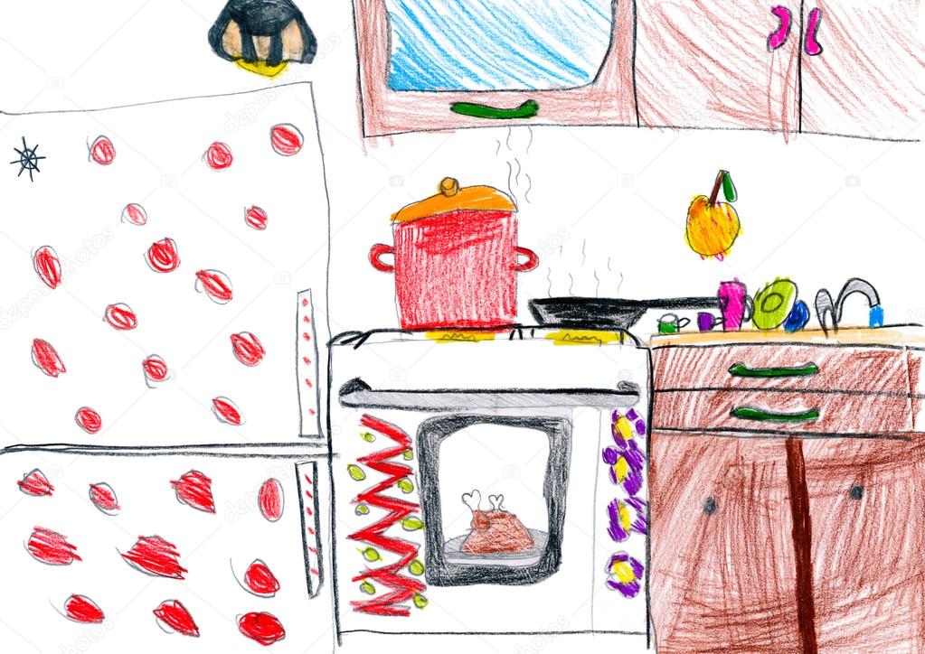 kitchen interior. children drawing.