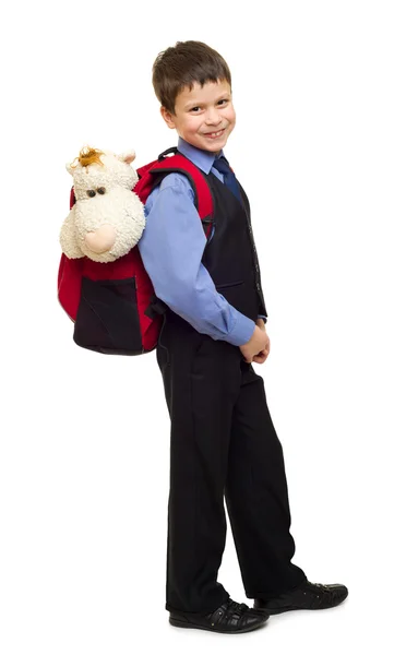 Junge im Anzug mit Rucksack — Stockfoto