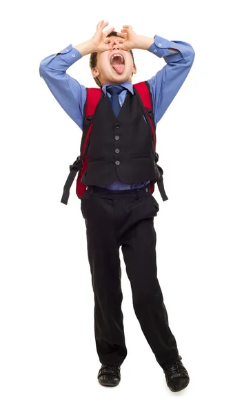 Boy v obleku s batohem — Stock fotografie
