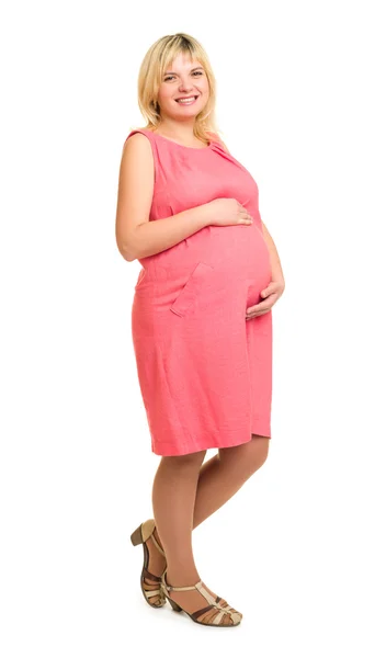 Pregnant woman in red dress — Stock Photo, Image