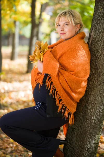 Mujer embarazada en el parque de otoño — Foto de Stock