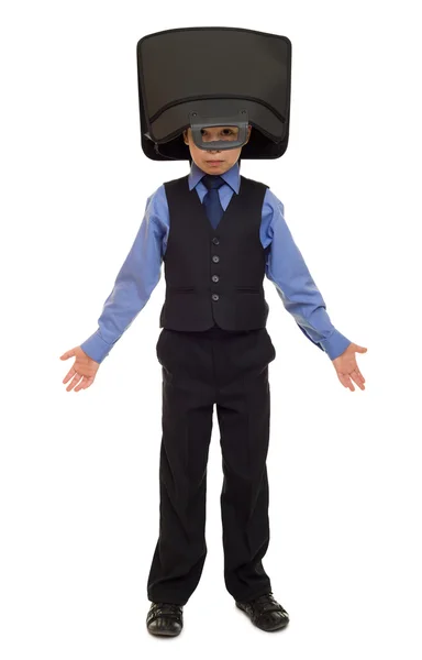 Pojken i kostym med portföljen på huvudet — Stockfoto