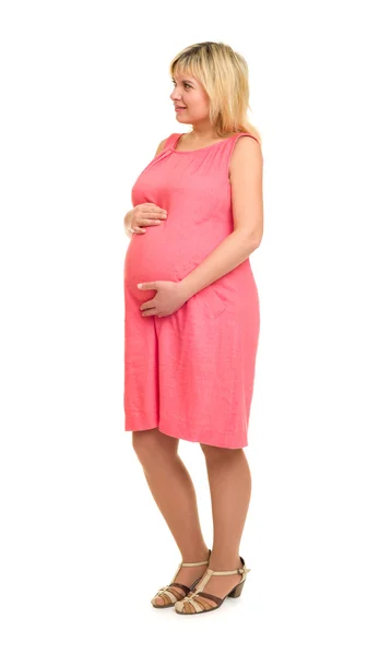 Pregnant woman in red dress — Stock Photo, Image