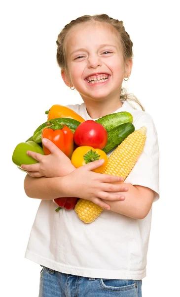 Menina com frutas e legumes — Fotografia de Stock