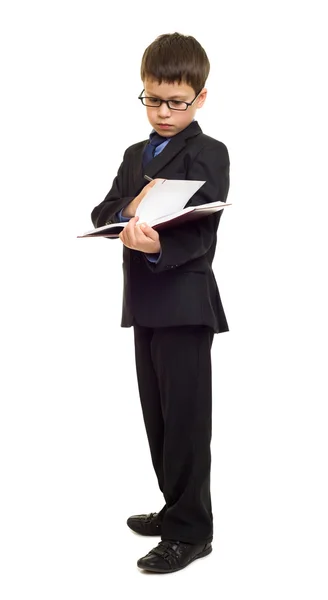 Boy in suit write diary — Stock Photo, Image