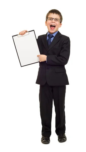 Boy in suit show blank clipboard — Stock Photo, Image