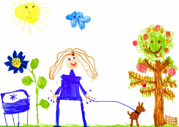Girl and dog walking on meadow. child drawing. — Stock Photo, Image
