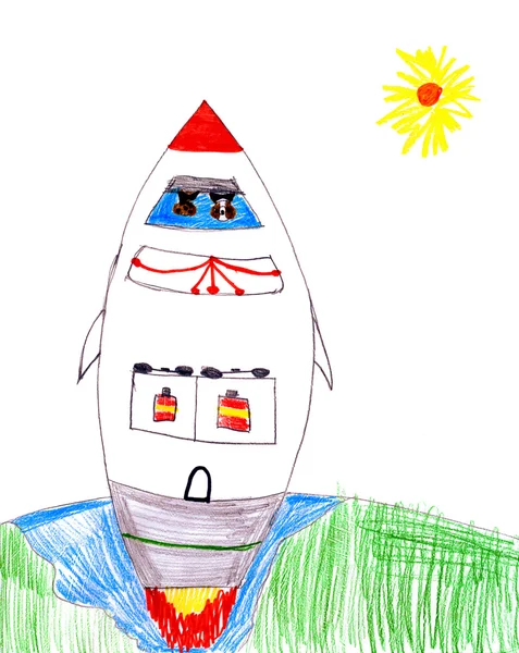 Запуск космической ракеты с собаками. рисование детей . — стоковое фото