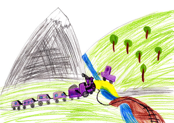 train and car. child drawing.