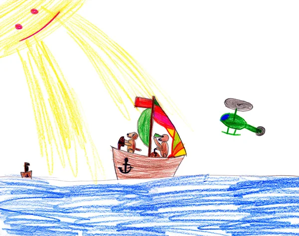 Dog on sailboat. child drawing. — Stock Photo, Image