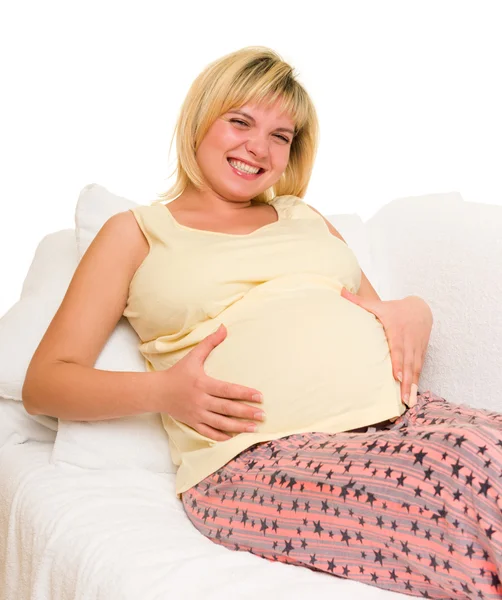 Schwangere Frau im Bett. — Stockfoto