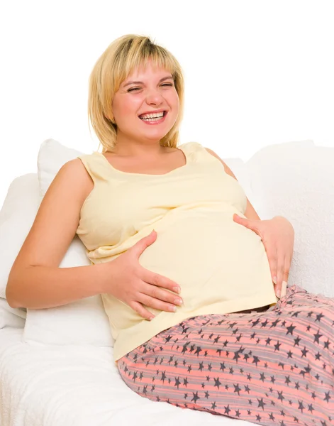 Hamile kadın yatakta.. — Stok fotoğraf