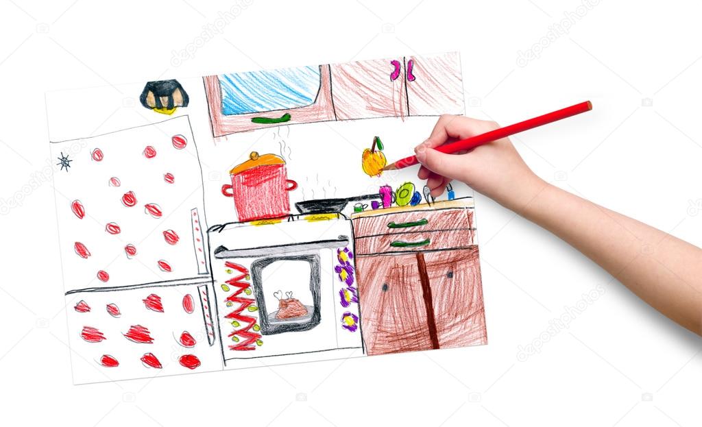 kitchen interior. children drawing.
