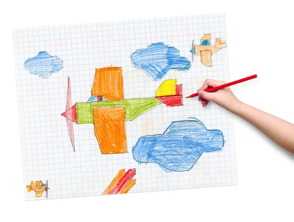 Airplane on checkered paper. child drawing. — Stock Photo, Image