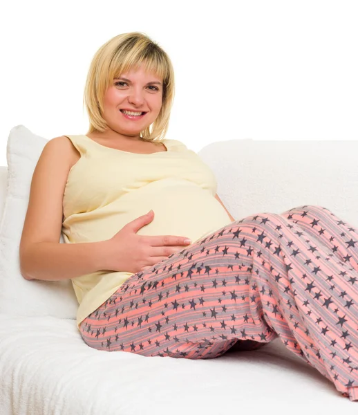 Schwangere Frau im Bett. — Stockfoto