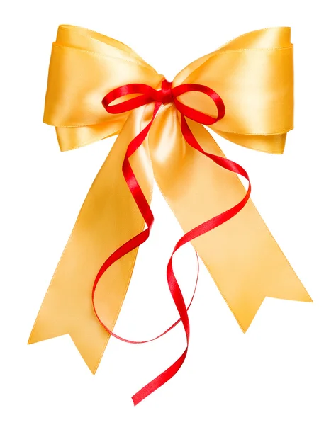 Golden bow with red ribbon made from silk — Stock Photo, Image