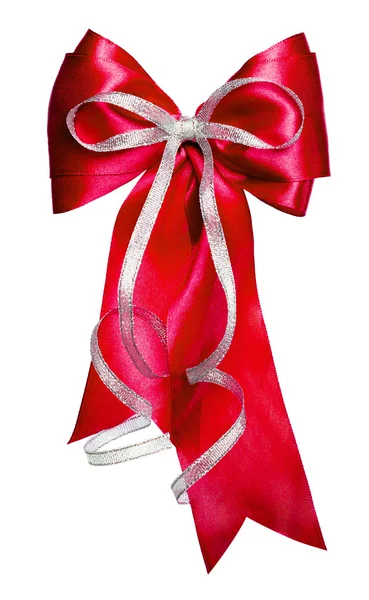 Red bow with silver ribbon made from silk — Stock Photo, Image