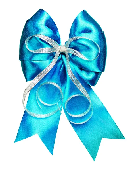 Bright cyan bow with silver ribbon made from silk — Stock Photo, Image