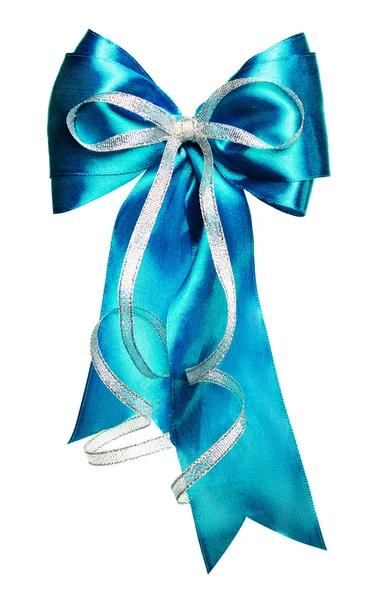 Bright cyan bow with silver ribbon made from silk — Stock Photo, Image