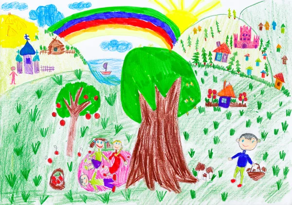 People Relax Meadow Village Child Drawing — Stock Photo, Image