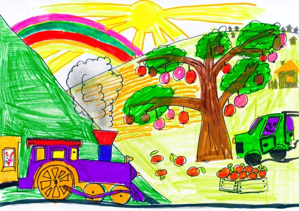 Паровоз Автомобиль Сельской Местности Рисование Детей — стоковое фото