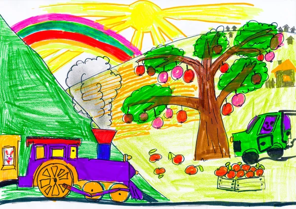 Tren Vapor Coche Campo Dibujo Infantil — Foto de Stock