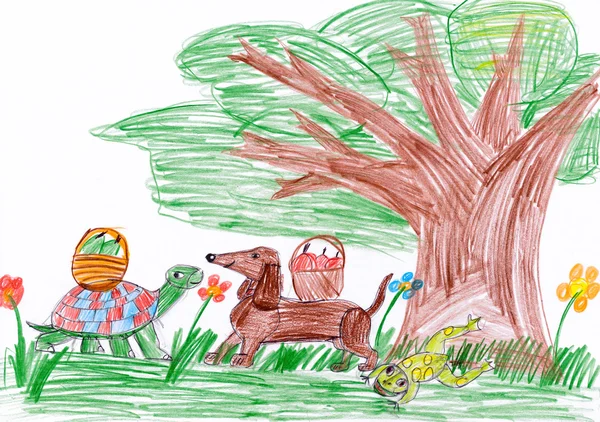 Cane Tartaruga Nella Foresta Disegno Bambino — Foto Stock