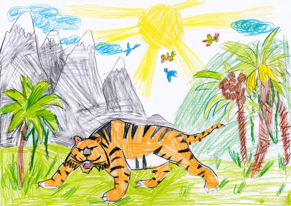 Tigre na natureza. desenho infantil — Fotografia de Stock