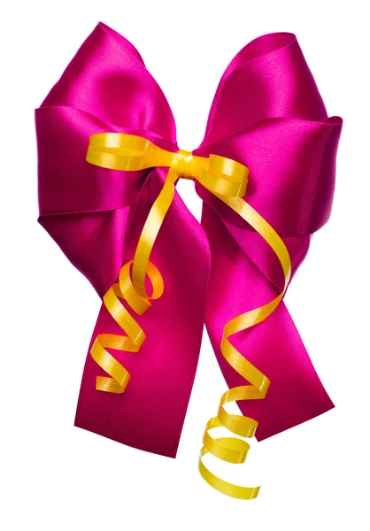 Pink bow with golden ribbon made from silk — Stock Photo, Image