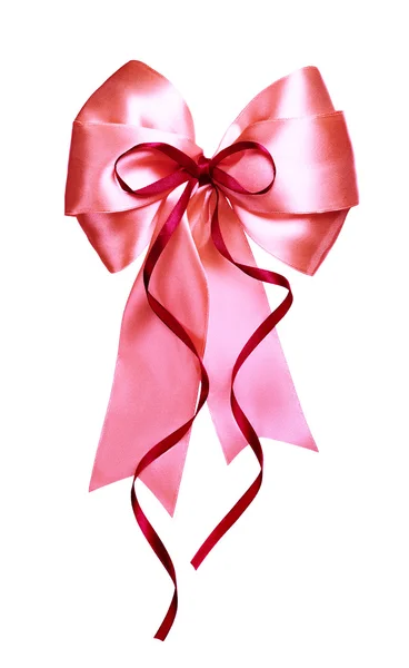 Pink bow with red ribbon made from silk — Stock Photo, Image