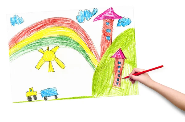 Casa nel villaggio. disegno dei bambini . — Foto Stock