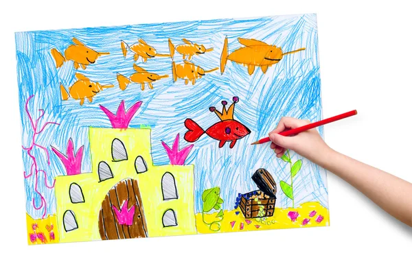 Drowned castle and treasure. child drawing. — Stock Photo, Image