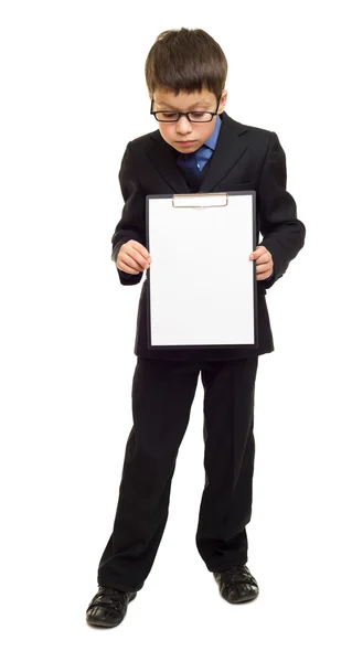 Boy in suit show blank sheet — Stock Photo, Image