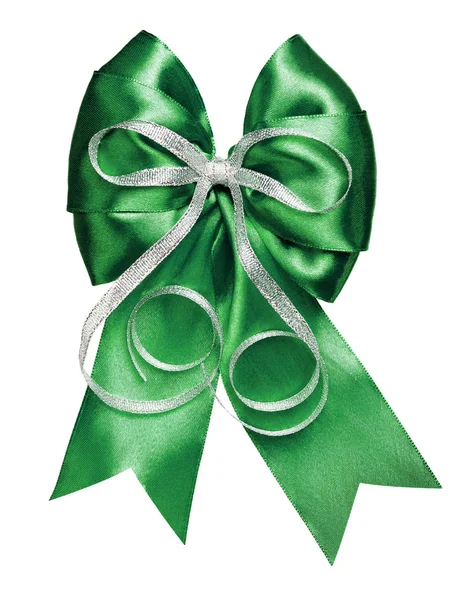 シルクから作られたシルバーのリボンと濃い緑色の弓 — ストック写真