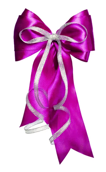 Purple bow with silver ribbon made from silk — Stock Photo, Image